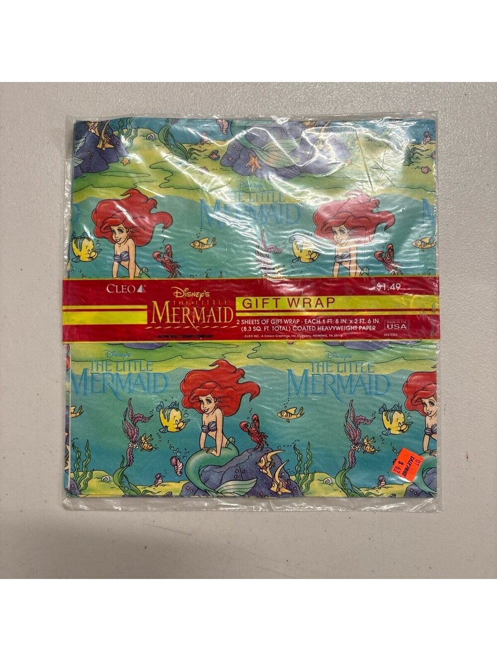Vintage Disney The Little Mermaid Gift Wrap 2 Sheets Cleo NIP Sealed USA 8.3sqft